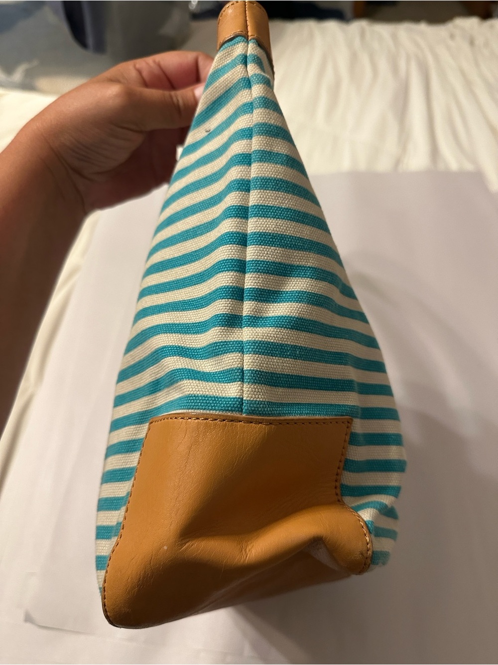 Tory Burch Teal and Cream Striped Canvas Small Sophia Tote with Tan Leather Trim - Picture 6 of 16